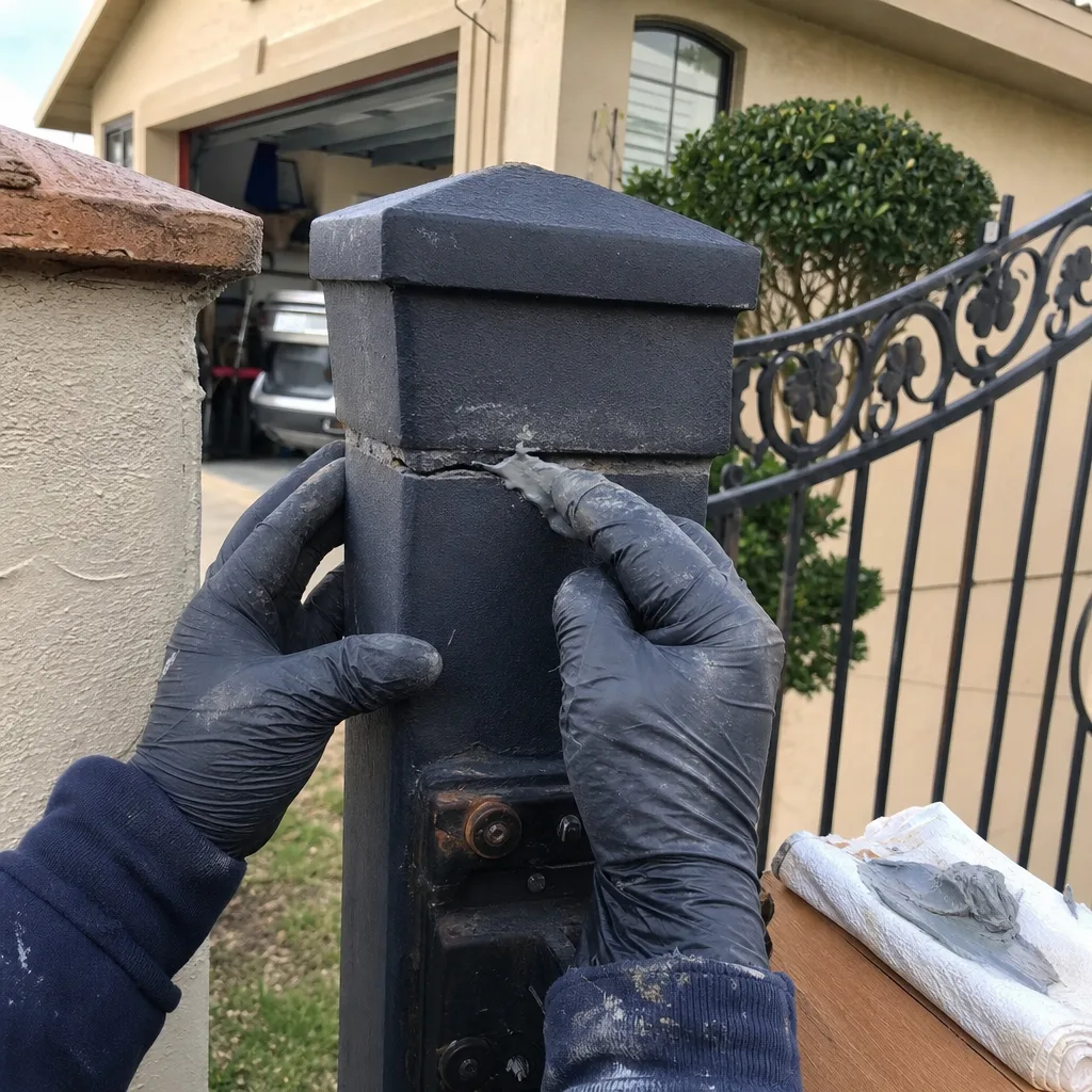 Professional technician repairing a crack in a metal gate post