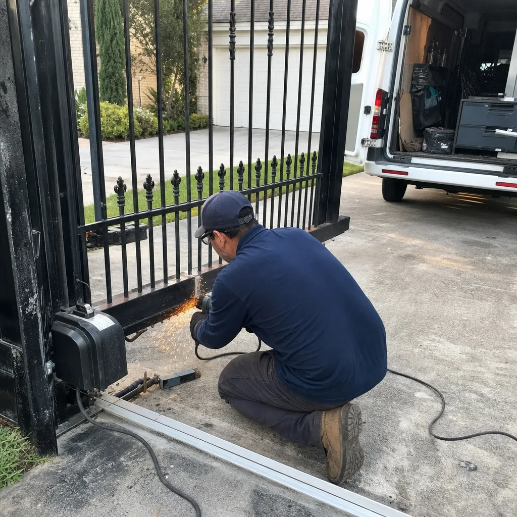 Technician using a power tool for professional metal gate repair