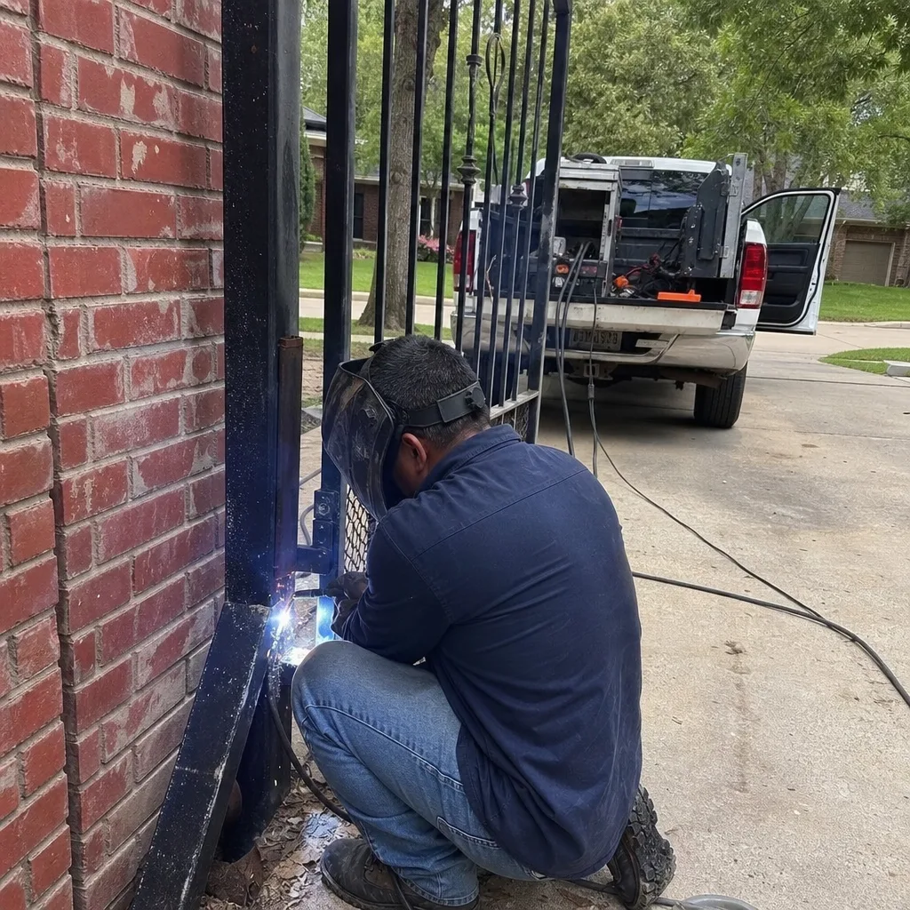 Professional welder performing metal gate repair on residential property