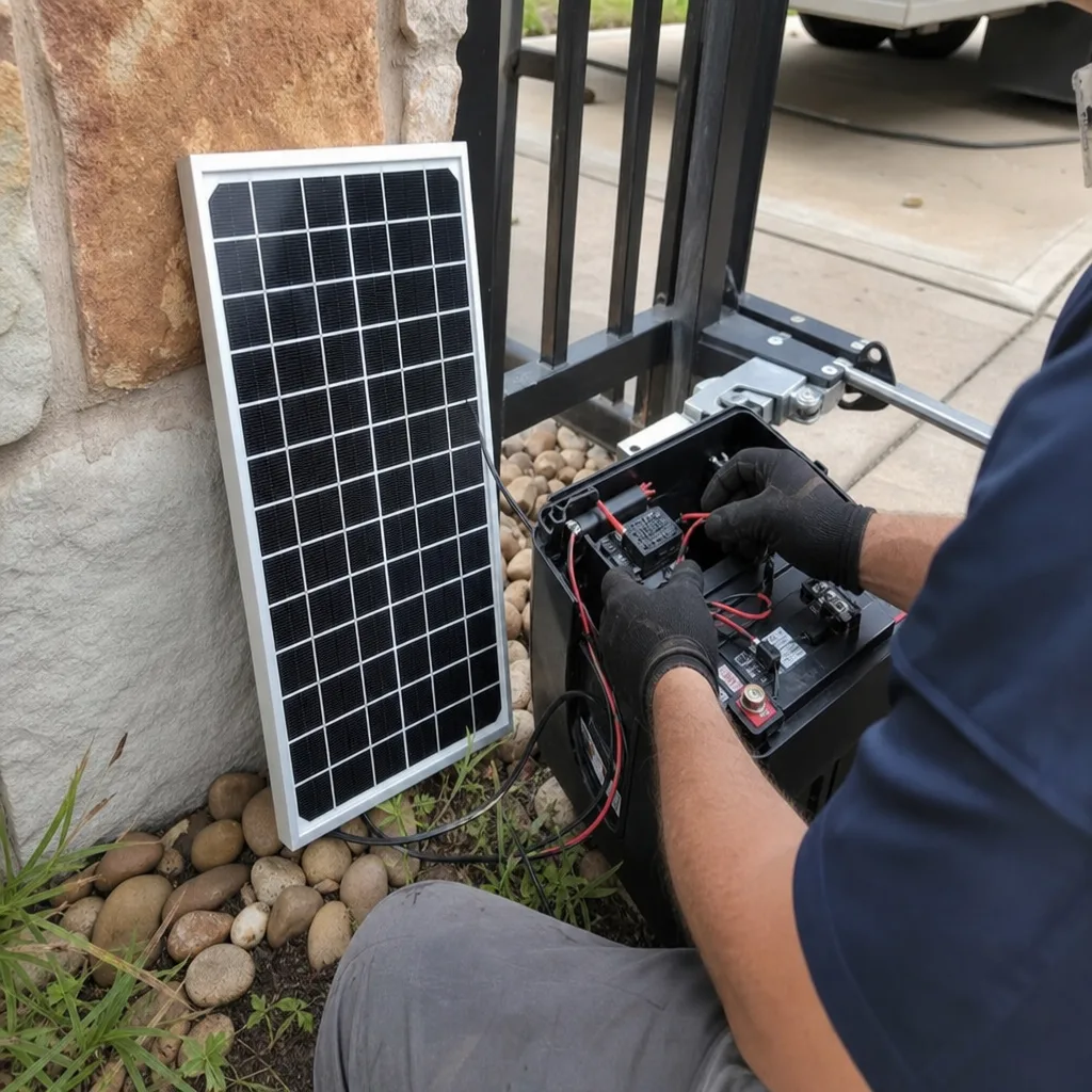 Technician performing maintenance on a solar-powered automatic gate access control system in Pearland, TX