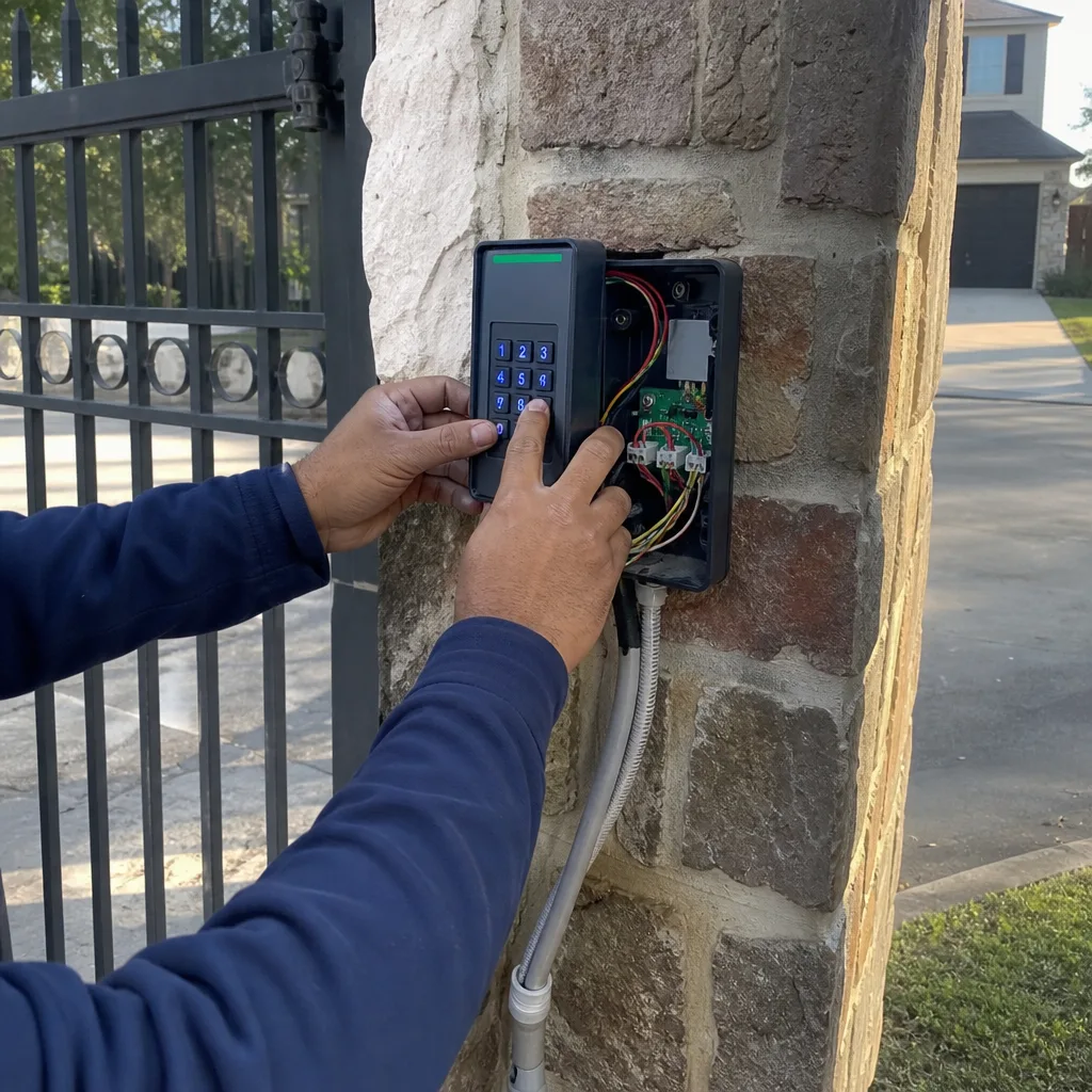 Technician repairing gate access control keypad on stone pillar in Pearland, TX