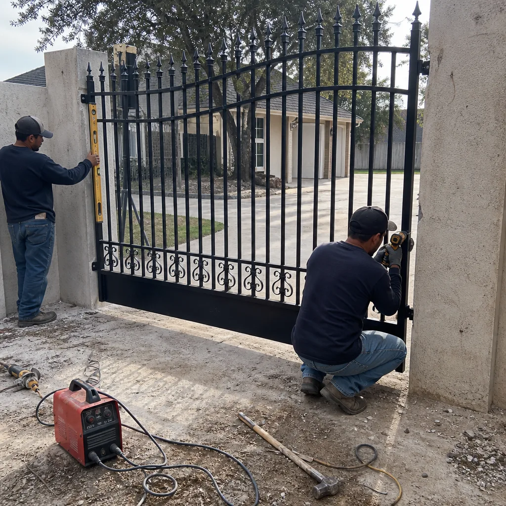 Professional technicians installing a custom black metal driveway gate in Pearland, TX