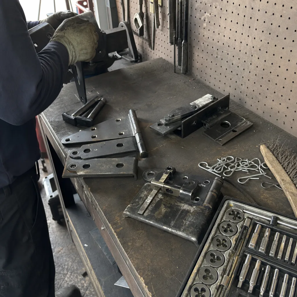 Metalworker organizing custom steel gate hardware on a workshop workbench in Pearland, TX
